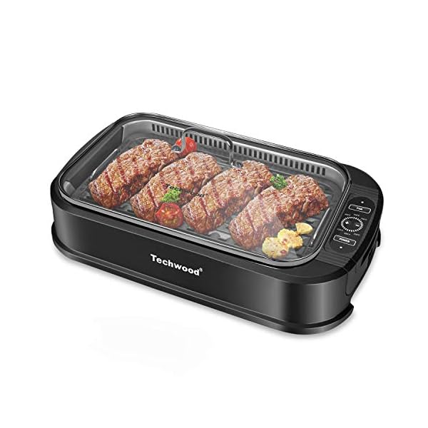 Indoor Smokeless Grill, Techwood 1500W Electric Indoor Grill with Tempered Glass Lid, Portable Non-stick BBQ Korean Grill, Turbo Smoke Extractor Technology, Drip Tray& Double Removable Plate, Black