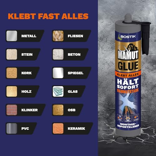 BOSTIK MAMUT GLUE Weiß - Hybrid-Universalklebstoff, Flexibler Montage-Sofortkleber auf Alle Materialien, Für Innen und Außen sowie unter Wasser und unter Extremsten Witterungsbedingungen, 450g