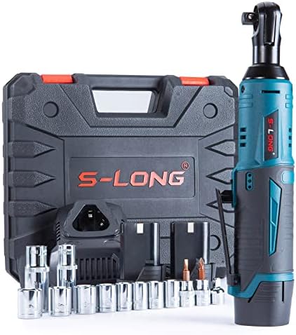 S-LONG Cordless Ratchet Wrench Set, 3/8" 400 RPM 12V Power Electric Ratchet Driver with 12 Sockets, Two 2000mAh Lithium-Ion Batteries and 60-Min Fast Charge