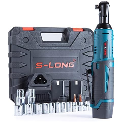 S-LONG Akku-Ratsche Elektrischer Ratschenschlüssel Set,3/8" 400 U/min 12V Power Elektro-Ratschenschrauber mit 12 Steckdosen, 2x 2000mAh Akkus 40N.m Power Ratchet Tool Kit und 60-Min-Schnell-Ladung Cover