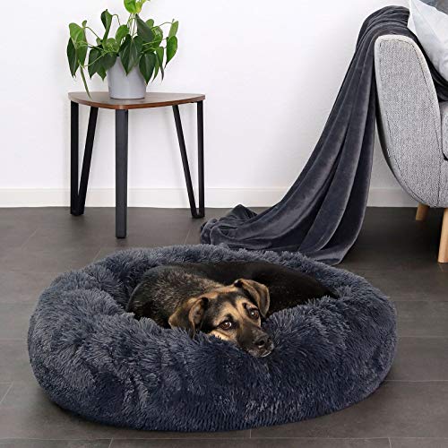 lionto Donutbett für Hunde und Katzen, Flauschiges Hundebett rund für kleine und große Heimtiere, Ø 70 cm, weiches Katzenbett aus kuscheligem Plüsch, Hundekissen mit extra Dicker Füllung, dunkelgrau