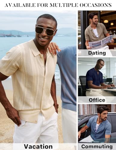 Men's Knit Button Down Shirt Short Sleeve Vintage Hollow Out Polo Shirts Summer Casual Beach Tops Navy Blue M - image 2