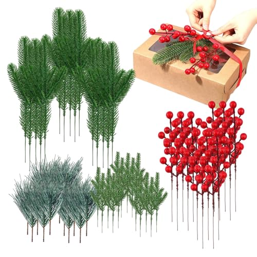 Monozoz Ramas de pino de Navidad, tallos realistas de bayas rojas de Navidad, decoración del hogar para festivales, púas de pino para fiestas, arreglos florales, manualidades