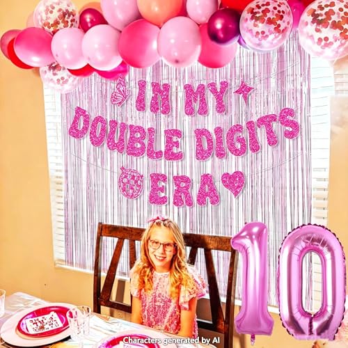 Image of 10th Birthday Decorations Pink In My Double Digits Era Banner Double Digits Birthday Happy 10th Birthday Decorations for Number 10 Balloon Girls Boys Double Digits Party Supplies