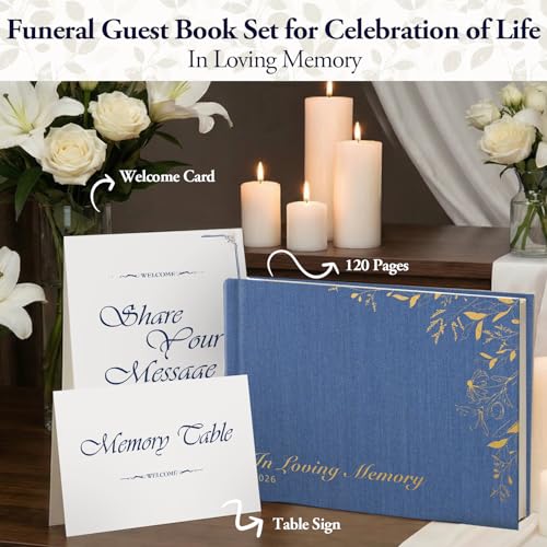 Image of Funeral Guest Book for Celebration of Life, Blank Unlined Memorial Memory Book, 2026 Blue Linen Gold Foil Hardcover with Table Sign & Welcome Card, 8.66 x 6.69 in, 120 Pages / 60 Sheets