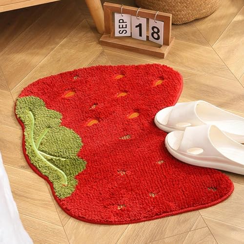 Image of Super Soft Shaggy Bath Mat Anti Skid Cute Absorbent Kids Small Bath Mat Cartoon Fruit Bathroom Rug Non Slip, Cute Bathroom Floor Mat for Home Decor (60 x 40 Cm) (Strawberry)