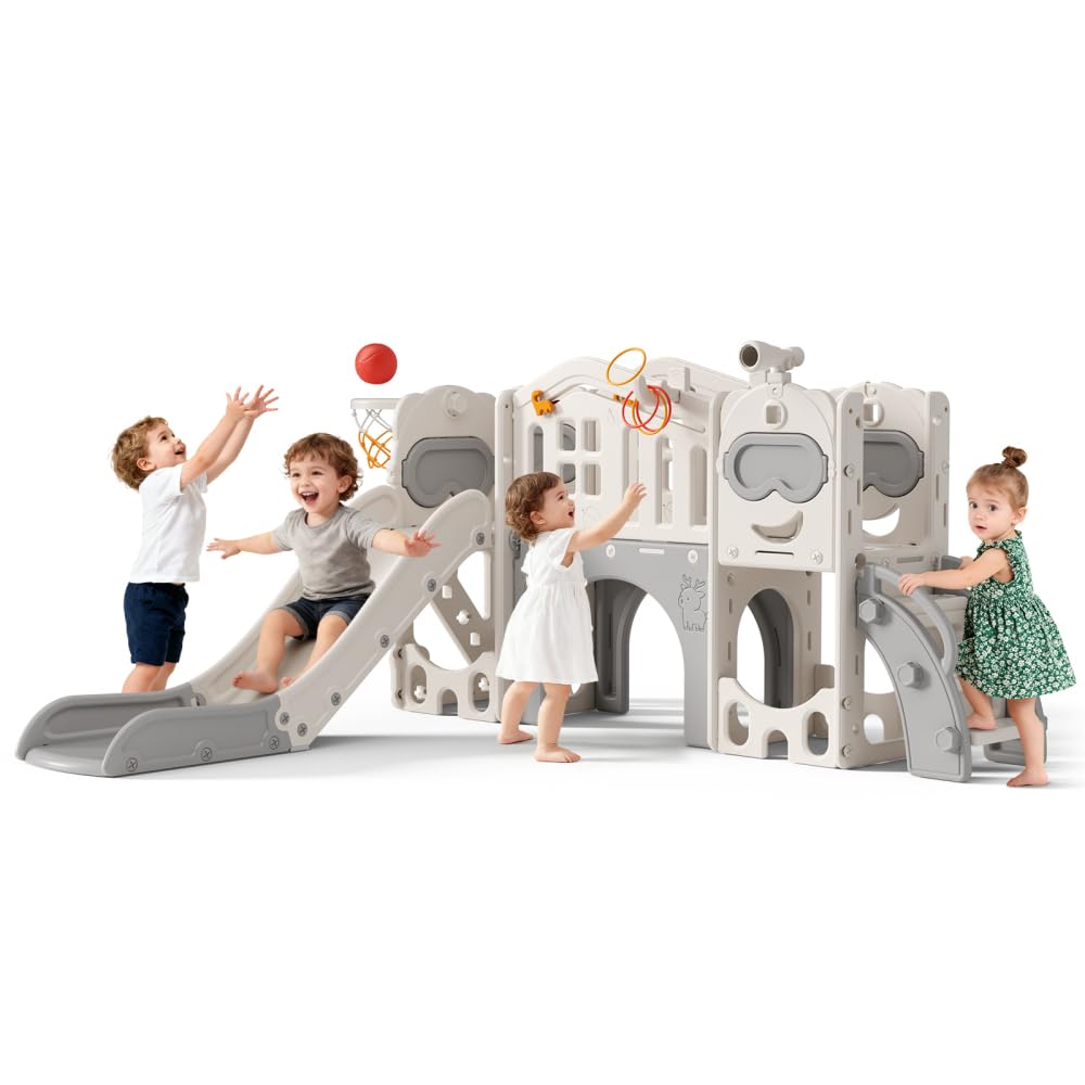 11 in 1 Scivolo per Bambini con Canestro da Basket,Palla e Telescopio Giocattolo, Set Giochi per Interni ed Esterni, per Bimbi Piccoli e in Età Prescolare