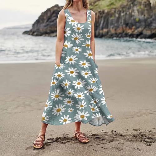 Plus Size Cotton Linen Summer Dresses for Curvy Women 2025 Sleeveless Maxi Vacation Beach Sundresses with Pockets