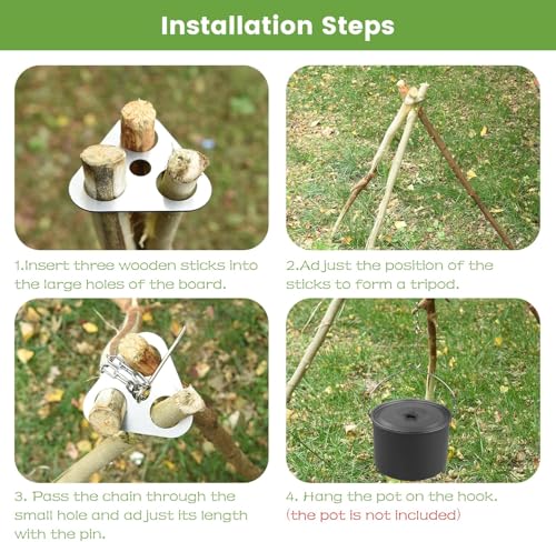 Bushcraft Dreibein für Feuerschale Edelstahl Lagerfeuer Stativ mit Höhenverstellung, Robustes Dreibein Grill für Feuerschale, Dutch Oven & Grillen, Camping Gestell mit Kette und Haken (2 PCS)