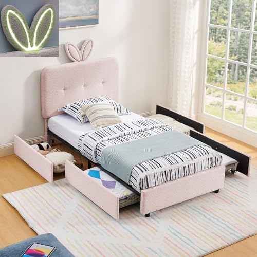 Image of Twin Led Bed Frame with 4 Storage Drawer, Upholstered Platform Floor Bed with Rabbit Ear Headboard Daybed Strong Wooden Slats No Box Spring Needed for Kids Girls Boys, Pink