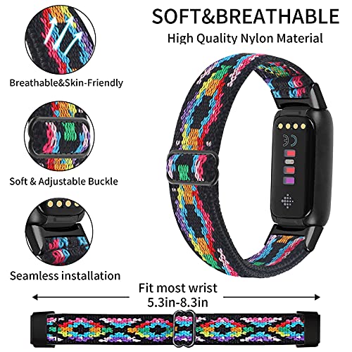 Elastic Nylon Sport Bands Compatible With Fitbit Luxe Band Fitness Smart Watch, 3 Pack Adjustable Stretchy Soft Slim Narrow Flexible Bands, Replacement Solo Loop Wristband For Women Men (Candy Color / Ethnic Style / Colorful Digital) #TOP2