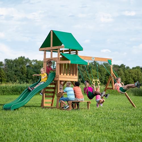 Image of Backyard Discovery Belmont Cedar Wood Swing Set with Wave Slide, Play Deck, Rock Wall Ladder, Snack Bar Window, Shaded Picnic Area, Bench, Belt Swings, Trapeze, Sandbox Area, Canopy, Outdoor Playset