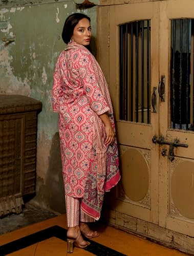 Image of MIRCHI FASHION Pure Cotton Women Straight Print & Thread Embroidery Kurti Set with Dupatta & Pant