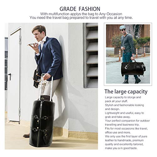 Leathario Mens Genuine Leather Overnight Travel Duffle Overnight Weekender Bag Luggage Carry On Airplane (Black-123)