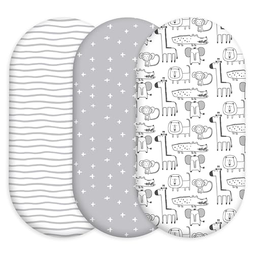 Image of 3 Pack Baby Bassinet Sheets for Baby Boy Girl, 32 inch x 16 inch Bassinet Mattress Sheets, Compatible with Round, Oval, Hourglass, Rectangle Mattress, Fitted Bassinet Sheets (Grey Animals)