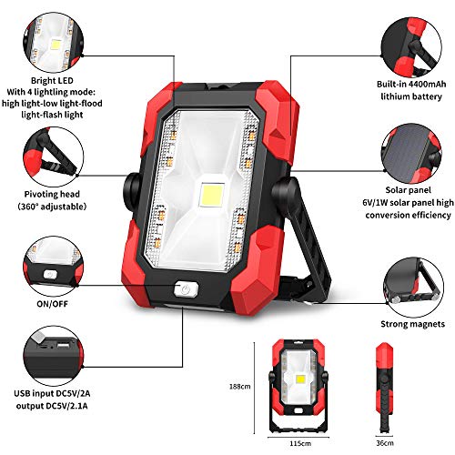 Portable Work Lights, 4400 mAh Solar LED Work Lights Outdoor Camping Lights, 4 Brightness Modes Waterproof LED Flood Lights with Stand for Construction Site, Jetty, Workshop, Garage