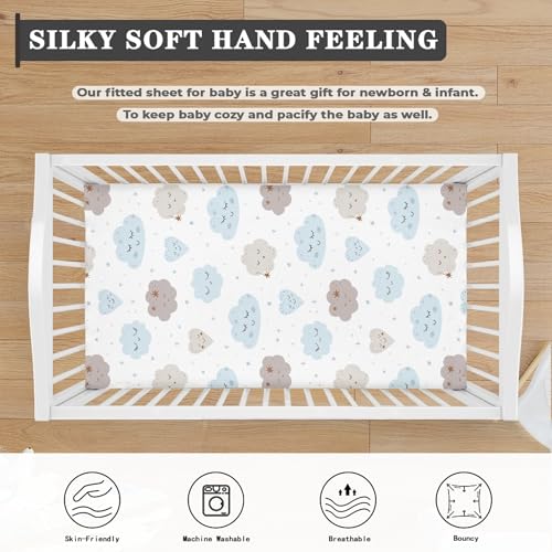 Image of Clouds Baby Crib Sheets for Boys Girls Cute Fitted Crib Sheet for Standard Crib and Toddler Mattress Smile Cloud Baby Mattress Sheets Toddler Bed Sheet 52x28x8 in