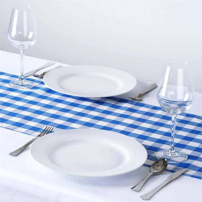 Efavormart 5PCS of Wholesale Gingham Checkered Polyester Table Top Wedding Catering Party Runner - White / Blue - 14x108