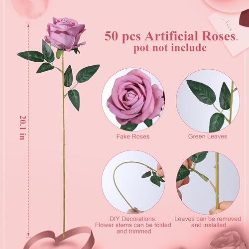Image of 50 PCS Dusty Roses Artificial Flowers, Fake Roses with Stem Realistic Silk Roses for DIY Wedding Bouquets Tables Centerpieces Arrangements Baby Shower Birthday Home Decor Valentine's Day Gift for Her