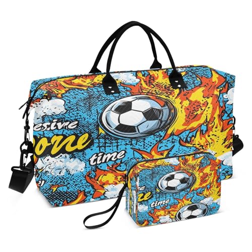 Flame Cartoon Football Travel Duffel Bag Large Capacity Weekender Bag with Toiletry Bag Detachable Shoulder Strap Travel Tote Bag for Women