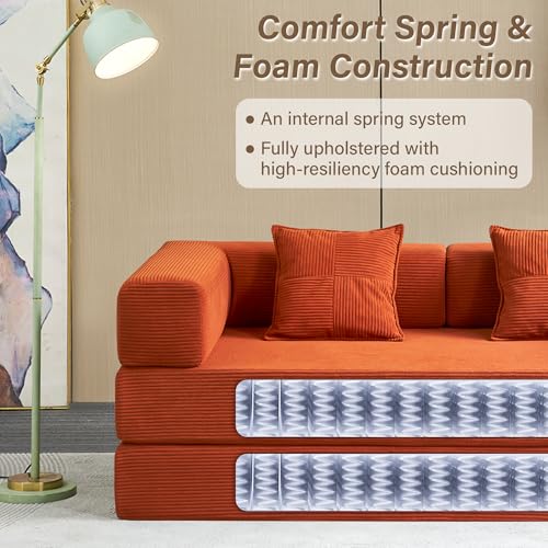 Image of Compression Sofa - Convertible Floor Sofa Bed - with Pillow Back Support Armrest - Comfy Foldable Sofa Bed Compressed Sofa in Box - Corduroy Fabric - for Living Room Bedroom(Orange)