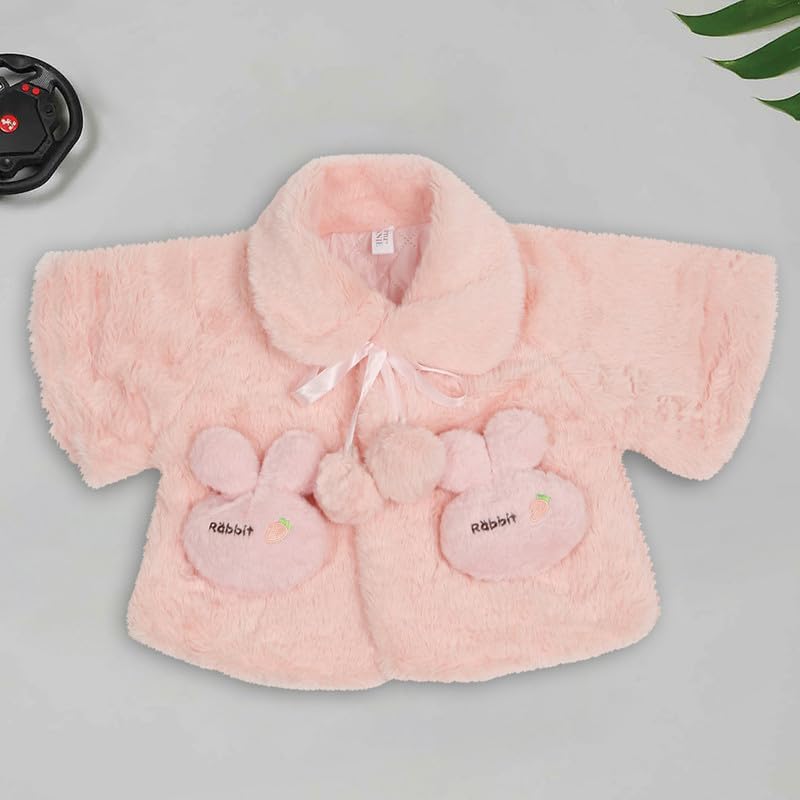 LITTLE GINNIE Fur Winter Jacket for Baby Girls 2-3 Years - Peach | Poncho with Pom-Pom | Stylish Winter Wear Coat for Kids 4