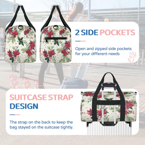 Christmas Flowers Print Sports Duffle Bag for Women Men Waterproof Overnight Weekender Bag with Adjustable Strap Travel Tote Bags for Beach Yoga Work Dance Swim4