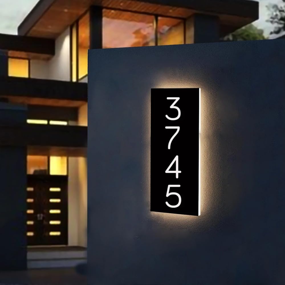 Personalisierte beleuchtete Hausnummern für draußen, individuelle LED-Türnummern für Haustür, Adressschild (kaltweißes Licht, 20 x 10 cm)