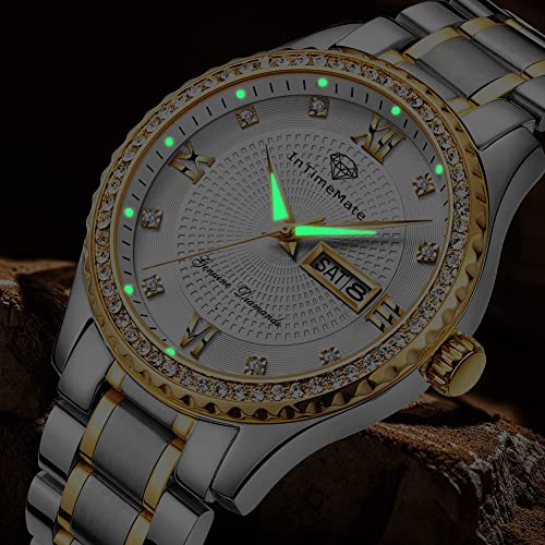 Intimemate Luxury Diamond Men Watch Calendar Business Dress Bling Silver Watch For Men Big Face Quartz Analog Waterproof Luminous Casual With Day Date Male Wrist Watch #TOP6