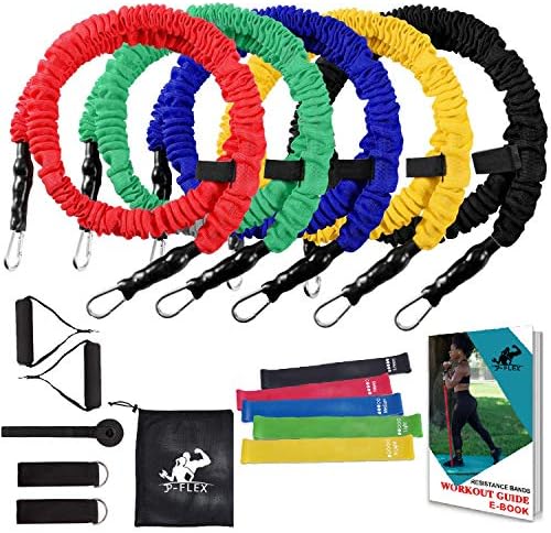 JP FLEX Bands, 16 pcs Resistance Bands Workout Set with Protective Nylon Sleeves Anti-Snap, 5 Exercise Elastic Bands | 5 Stretch Loop Bands | 2 Ankle Straps | 2 Foam Handles | Door Anchor | Ebook