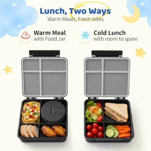 Image of Bento Lunch Box with 8oz Soup Thermo, Kids Leakproof Lunch Food Containers with 4 Compartment, Kids Thermo Insulated Hot Food Jar for School, Trvael (Grey)