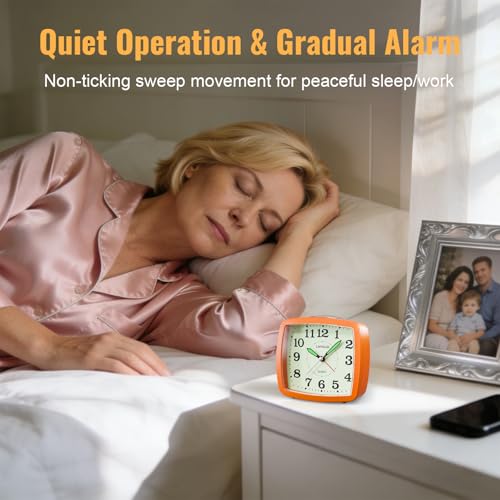 Image of Lamisola Analog Travel Alarm Clock for Bedroom, Small Desk Clock Orange | Retro Battery Clock for Bathroom Shelf Table Bedside, Night Light Silent Snooze Clear Display for Kids Senoirs Teens