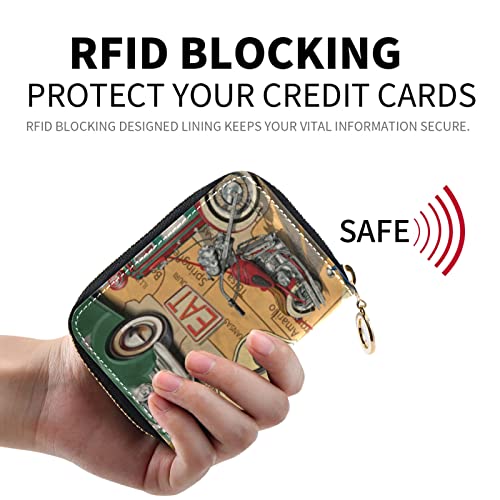 Vintage Route 66 Poster Blue, Yellow, Green Cars Motorcycle USA Flag Grey Credit Card Coin wallet, RFID Blocking Compact Women Leather Card Holder, Key Change Organizer, Zipper Purse Clutch Pouch2