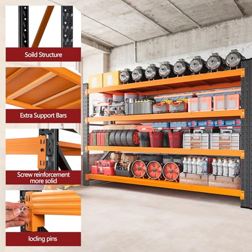 Image of RAVIGIN 5000LBS Storage Shelves,60 inch W Garage Shelving Heavy Duty Metal Adjustable Garage Shelves, Shelving Units Industrial Shelving for Warehouse,60 inch W x 24 inch D x 70 inch H,Orange