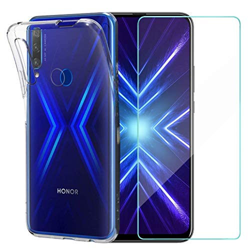 Oududianzi - Hülle für Honor 9X + Panzerglas Bildschirmschutzfolie, Schlanker klarer Weicher TPU Silikon Hülle - Transparent