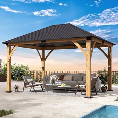 COVERONICS 11FT x 13FT Outdoor Spruce Wooden Gazebo - Patio Wood Frame Gazebo with Galvanized Steel Hardtop, Heavy-Duty Hardtop Gazebo for Garden, Poolside, Deck, Backyard