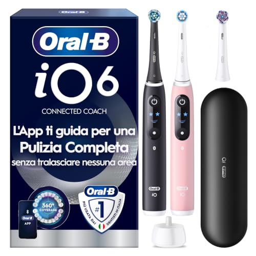 Oral-B iO 6, 2 Spazzolini Elettrici, 3 Testine di Ricambio, Nero e Rosa - 3 Testina di Ricambio per Spazzolino Elettrico, Ricaricabile, Sensore di Pressione, Pulizia Denti Efficace