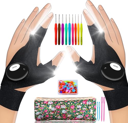 Ergonomic Crochet Hooks Set with Light Up Gloves,Precision Lighting,9 Sizes Crochet Hooks with Case 2.0mm~6.0mm,Cool Christmas Unique Gifts for Crochet Lover