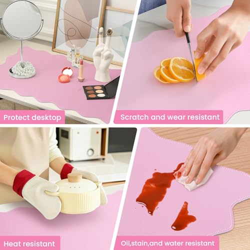 Image of PU Leather Desk Pad, Scalloped Non-Slip Mouse Pad & Large Desk Mat Cover Stitched Edges Writing Pad for Office, Home - Waterproof, Easy to Clean, Durable Surface I 31.4 inchx15.7 inch, Pink