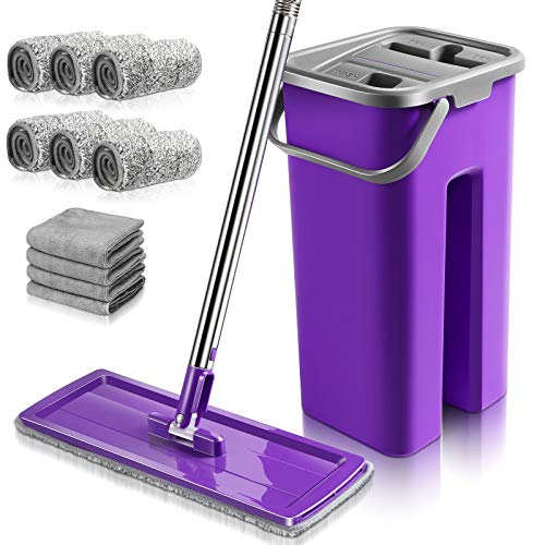 AONE Floor Mop and Bucket Set for Home Floor Cleaning - Flat Mop with Bucket w/ 6 Reusable Microfiber Pads & 4 Cleaning Cloths, Hands Free Squeeze Mop for Hardwood, Laminate, Tiles, Vinyl