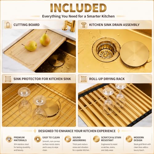 Image of Gold Undermount Kitchen Sink 23 x 18 Inch, 16 Gauge T304 Stainless Steel Workstation Sink with Ledge & Accessories