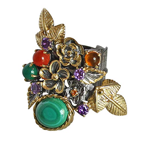 Bague en argent 925 noir avec malachite et cornaline, haute joaillerie