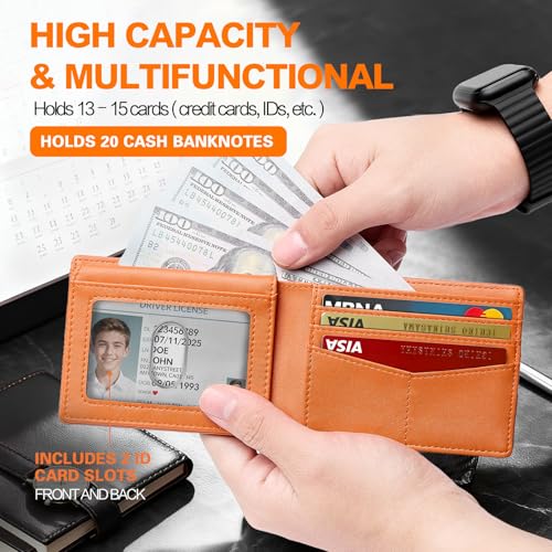 Image of Wallet for Men Slim RFID Blocking Bifold Carbon Fiber,Minimalist Small Compact Front Pocket Credit Card Holder,Thin Mens Leather Wallets Smart Security With 2 ID windows 1 Cash (Black & Orange)