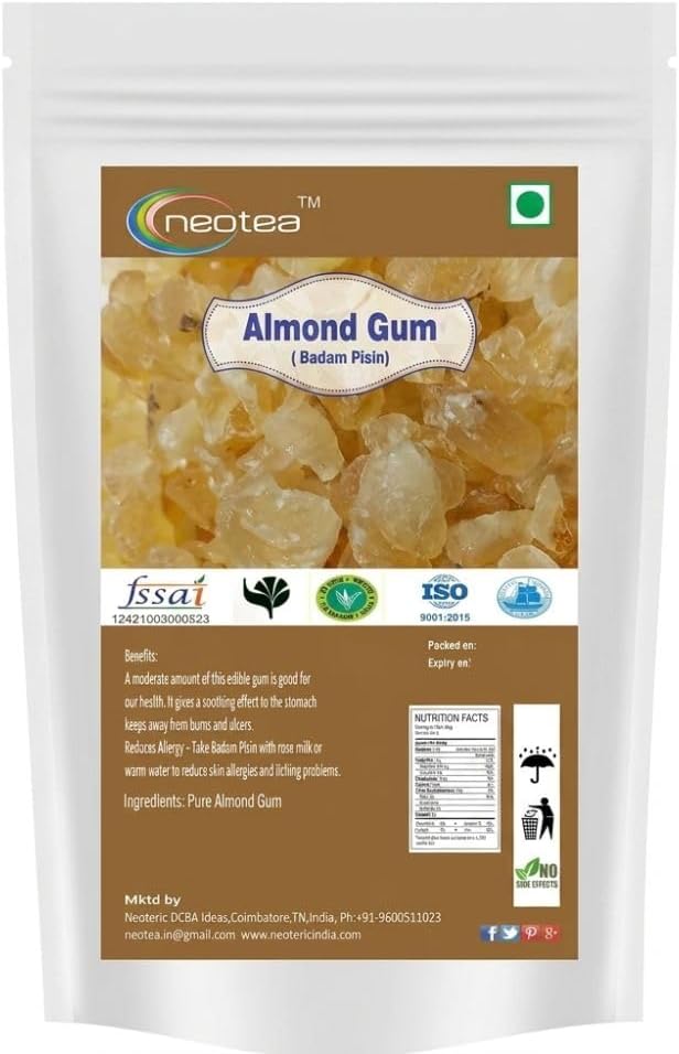 Neotea Almond Gum | Badam Pisin 100 GM (3.52 OZ) | Badam Gum | Gond Katira | Ayurvedic Katira | Organic Katira Gond | Indian Gum | Gond Katira | Edible Gum | All Natural | Salt-Free | Vegan | No Colors | Gluten Friendly | NON-GMO | 100% Natural