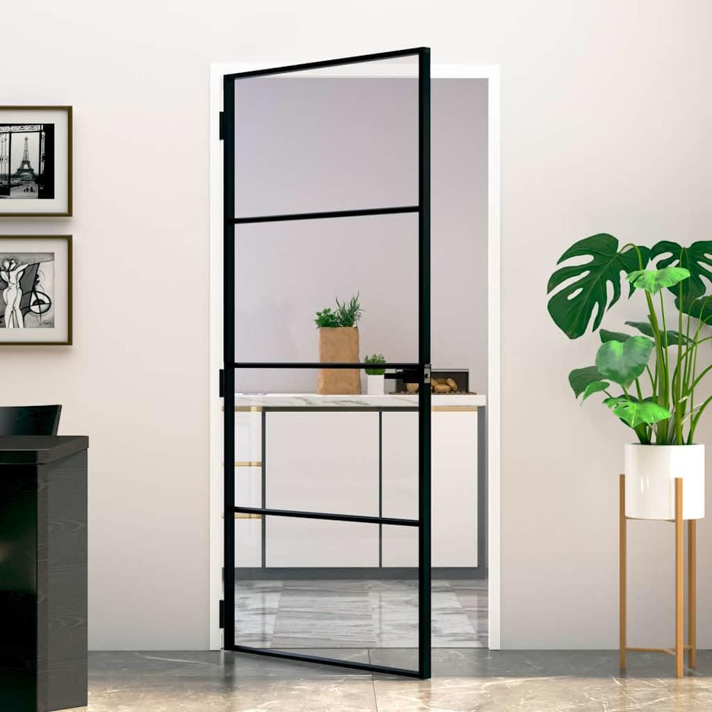 Porte d intérieur Noir 93x201,5 cm Trempé verre aluminium fin