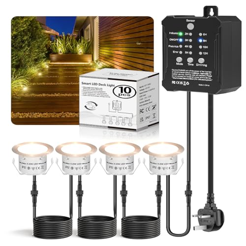 HIBOITEC 10Pack Dimmable Decking Lights with Low Voltage Transformer Timer and Photocell Sensor, IP67 Waterproof Ø32MM Plinth Lights for Yard, Garden, Patio, Floor, Stair Decor (Warm White)