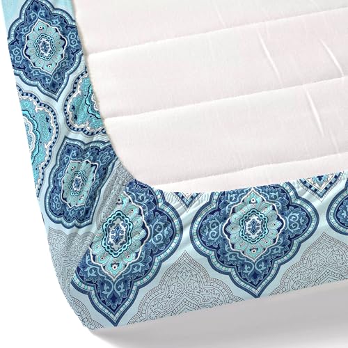 Image of Dreamscape 100% Cotton Queen Fitted Bedsheet with 2 Pillow Covers - (Size 60 x 78 inches, 140 TC, Colour - Blue)