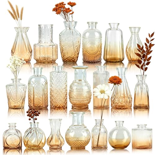 Der Rose Amber Glass Bud Vases Set of 20, Small Bud Vases for Flowers, Rustic Wedding Centerpieces and Home Decor 20 Amber