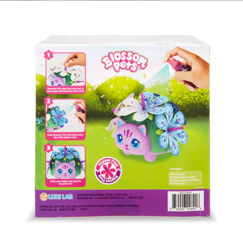 Blossom Pets Lilac The Cat – Interactive Collectible Pet with Color-Changing Fabric Flowers Includes Mister Bottle and Scented Butterfly Imaginative Toy for Kids Ages 5+