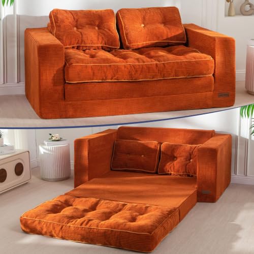 Image of MAXYOYO Convertible Sofa Bed, Pull Out Loveseat Sofa Couch, 2 in 1 Folding Couch Bed, Fold Out Floor Couch with Pillows for Living Room Bedroom Lounge